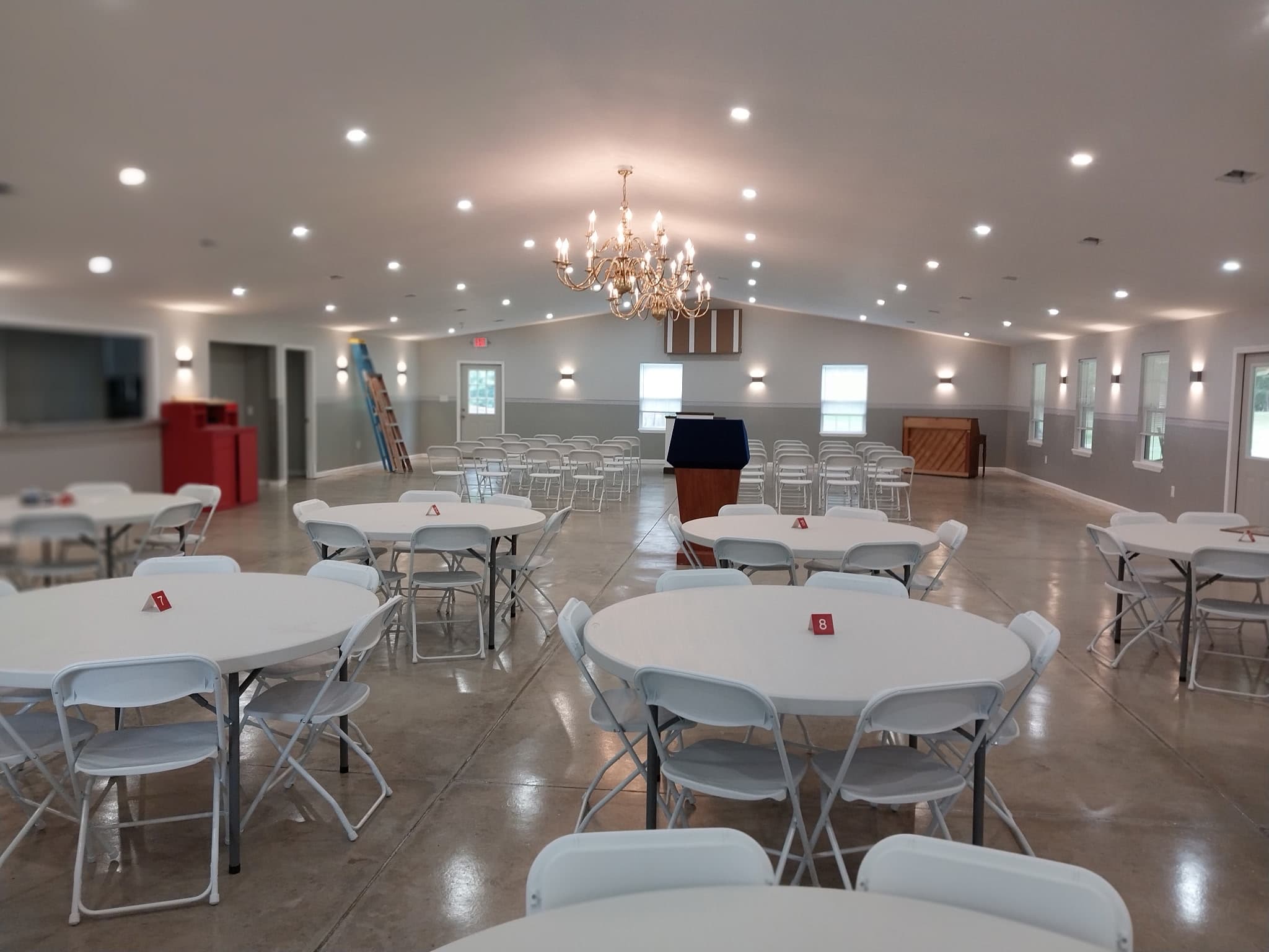 Renovated camp interior with fresh paint and recessed lighting